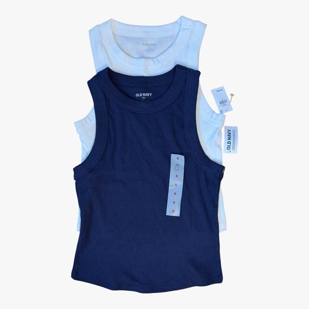 NWT Old Navy Snug Crop Ribbed Tank Top Lot 2 Pack Small White Navy High Neck - Picture 2 of 9
